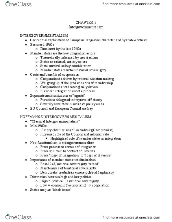 PLSC 347 Chapter Notes - Chapter 5: Intergovernmentalism, Neofunctionalism, International Relations thumbnail
