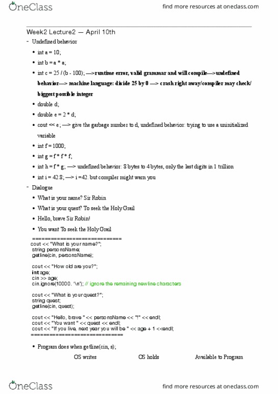 COM SCI 31 Lecture Notes - Lecture 4: Undefined Behavior, Uninitialized Variable, Newline thumbnail