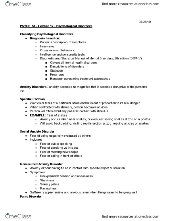 PSYCH 7A Lecture Notes - Lecture 17: Social Anxiety Disorder, Generalized Anxiety Disorder, Panic Disorder cover image