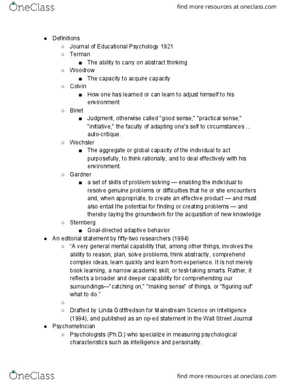 PSYC 2500 Lecture Notes - Lecture 17: Linda Gottfredson, Theory Of Multiple Intelligences, Psychologist thumbnail