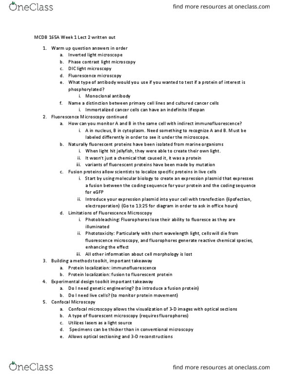 MCD BIO 165A Lecture Notes - Lecture 2: Fluorescence Microscope, Confocal Microscopy, Monoclonal Antibody thumbnail