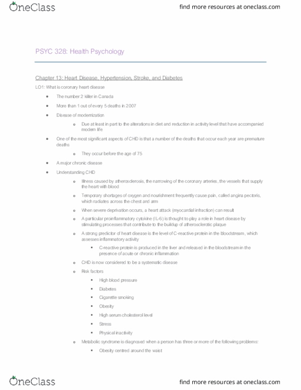 PSYC 328 Chapter Notes - Chapter 14: Coronary Artery Disease, Angina Pectoris, Proinflammatory Cytokine thumbnail