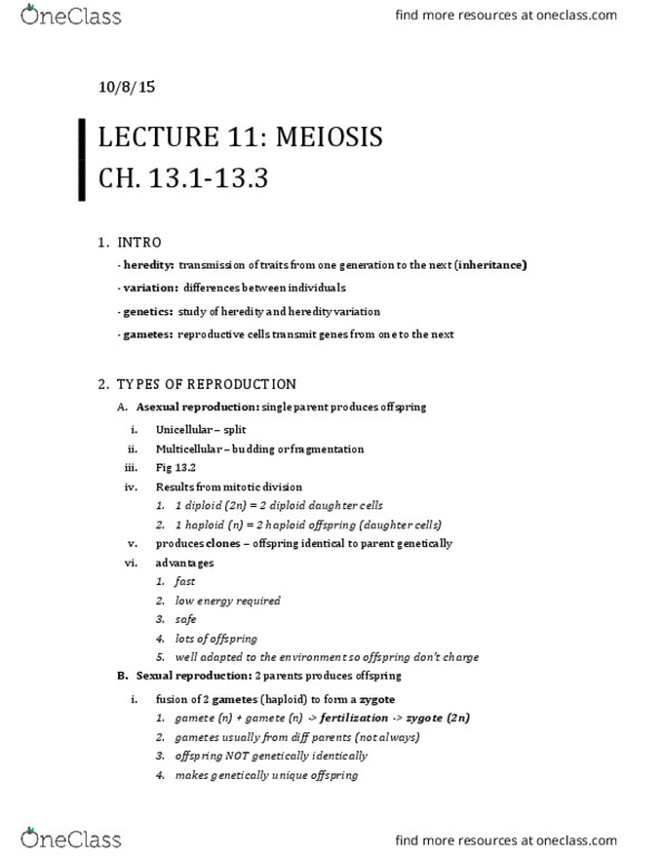01:119:115 Lecture Notes - Lecture 11: Asexual Reproduction, Meiosis, Sexual Reproduction thumbnail