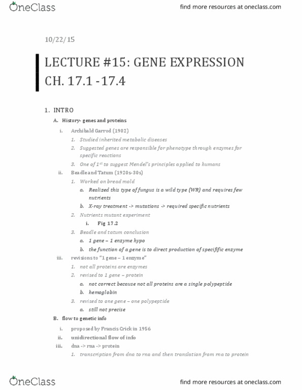 01:119:115 Lecture Notes - Lecture 15: Archibald Garrod, Gene Expression, Francis Crick thumbnail