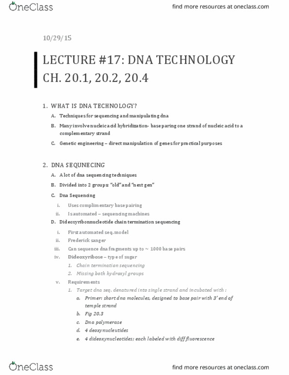 01:119:115 Lecture Notes - Lecture 17: Frederick Sanger, Chain Termination, Complementary Dna thumbnail