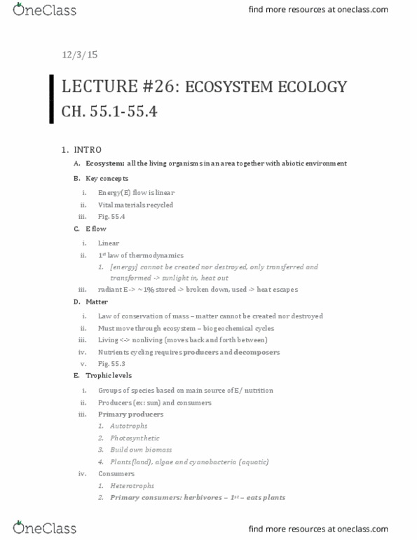 01:119:115 Lecture Notes - Lecture 26: Ecosystem Ecology, Herbivore, Autotroph thumbnail