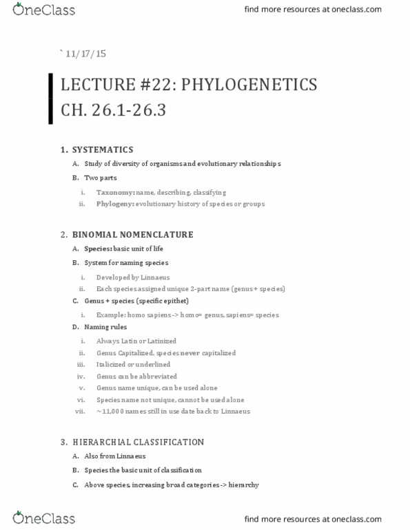 01:119:115 Lecture Notes - Lecture 22: Homo Sapiens, Carl Linnaeus, Species Ii thumbnail