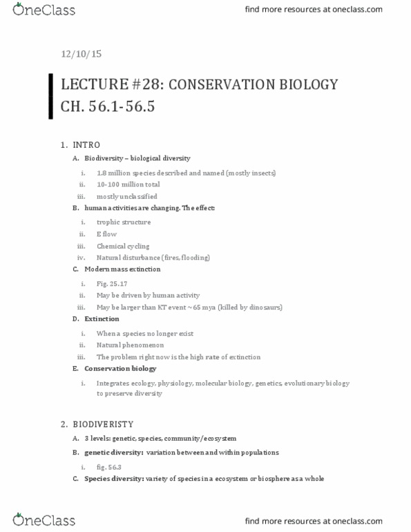 01:119:115 Lecture Notes - Lecture 28: Conservation Biology, Ecosystem Diversity, List Of Natural Phenomena thumbnail