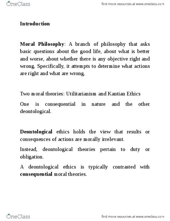 PHI 1101 Lecture Notes - Immanuel Kant, Empirical Evidence, Kantian Ethics thumbnail