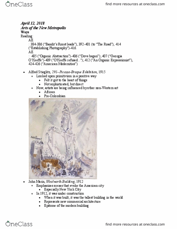 ARH 209 Lecture Notes - Lecture 23: John Marin, Woolworth Building, Georges Braque thumbnail