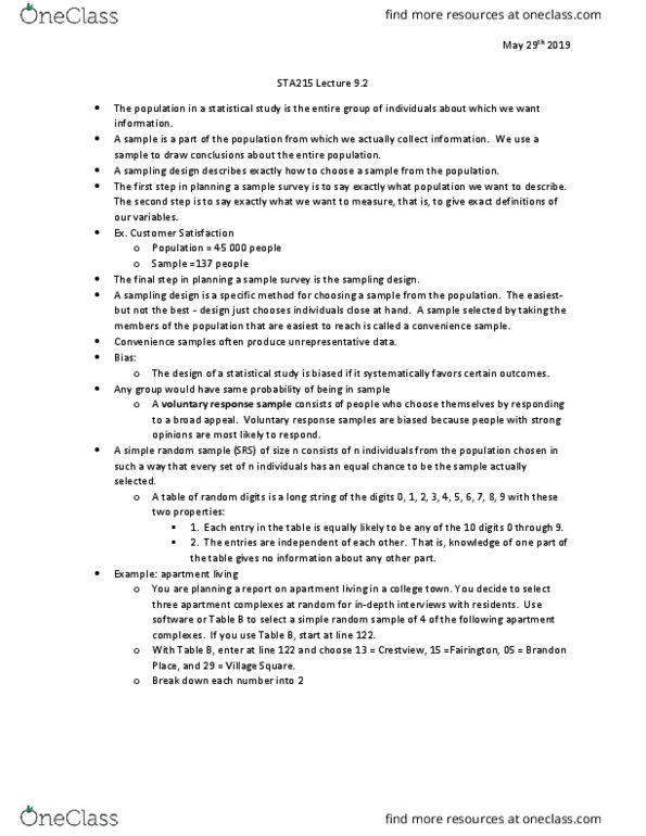 STA215H5 Lecture Notes - Lecture 9: Simple Random Sample, 5,6,7,8, Convenience Sampling thumbnail