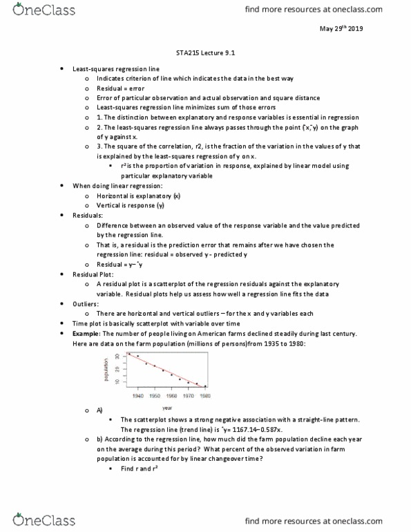 STA215H5 Lecture Notes - Lecture 9: Dependent And Independent Variables, Scatter Plot, Negative Number thumbnail