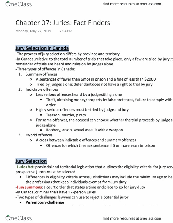 PSYCH 3CC3 Chapter Notes - Chapter 7: Peremptory Challenge, Summary Offence, The Juror thumbnail