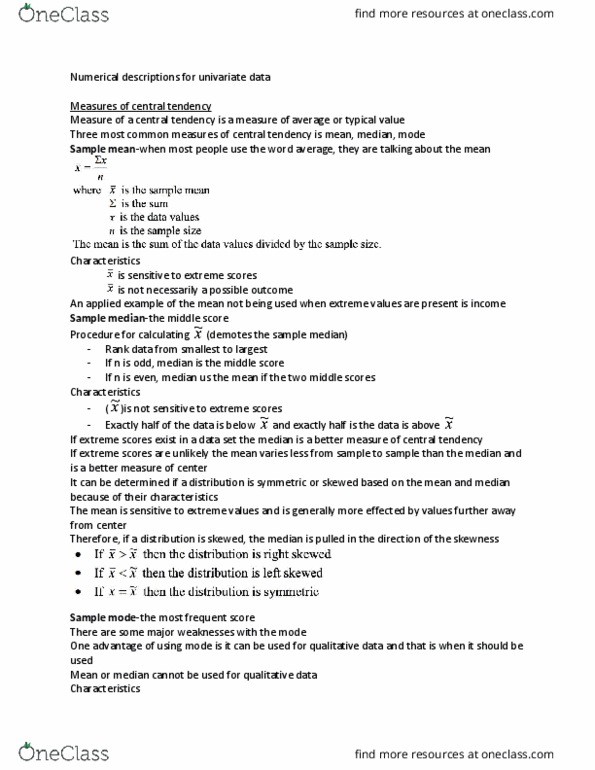 STAT 22500 Lecture Notes - Lecture 5: Central Tendency, Standard Deviation, Interquartile Range thumbnail