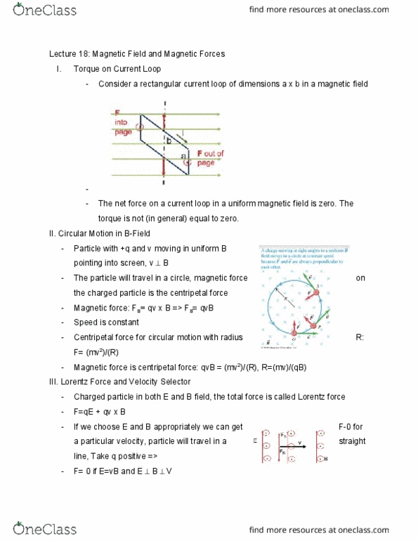 PHYSICS 7D Lecture Notes - Lecture 18: Centripetal Force, Charged Particle, Net Force cover image