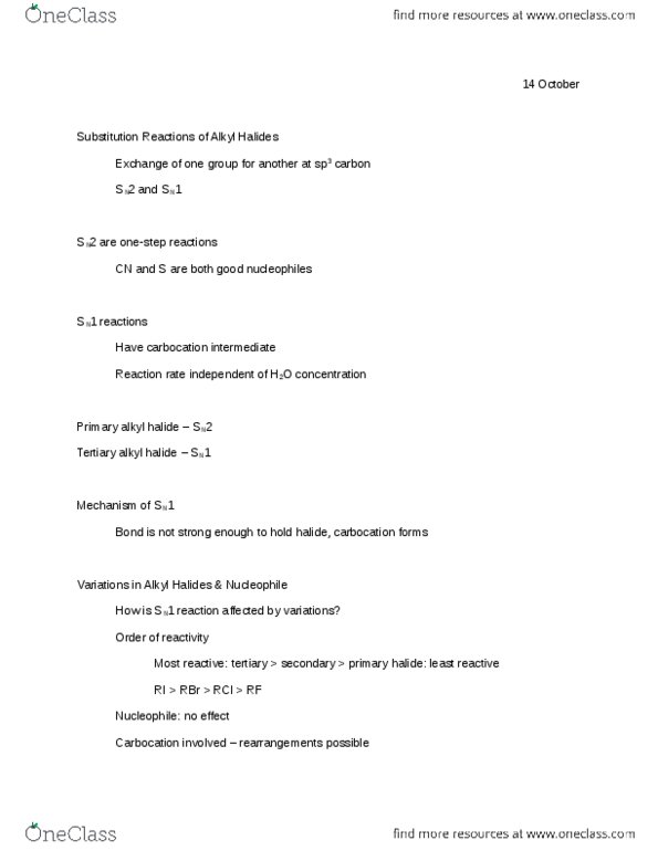 CHEM 341 Lecture Notes - Reaction Rate, Carbocation, Nucleophile thumbnail