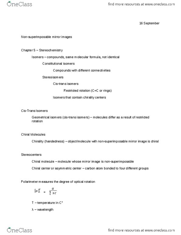 CHEM 341 Lecture Notes - Chemical Formula, Polarimeter, Electrophilic Addition thumbnail