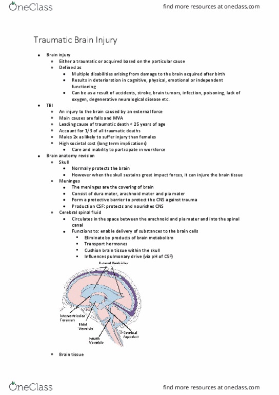 PHTY300 Lecture Notes - Lecture 19: Traumatic Brain Injury, Pia Mater, Cerebrospinal Fluid thumbnail