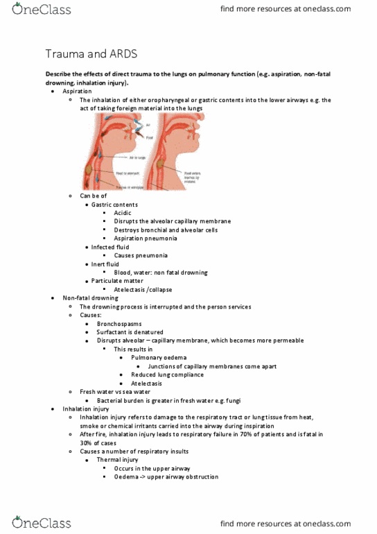 PHTY300 Lecture Notes - Lecture 17: Airway Obstruction, Aspiration Pneumonia, Acute Respiratory Distress Syndrome thumbnail