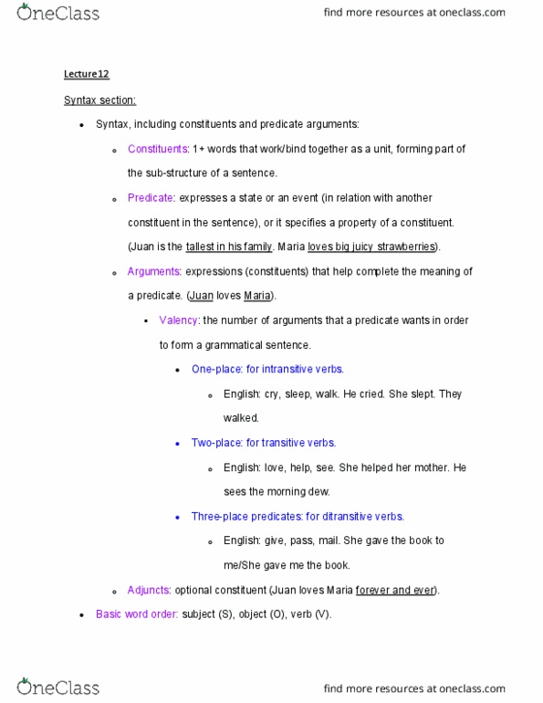 LIN 350 Lecture Notes - Lecture 12: Morning Dew, Ditransitive Verb, Topicalization thumbnail