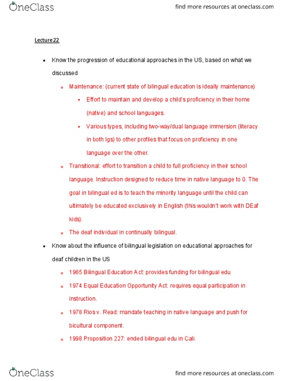 LIN 350 Lecture Notes - Lecture 22: Bilingual Education Act, Bilingual Education, Language Immersion thumbnail