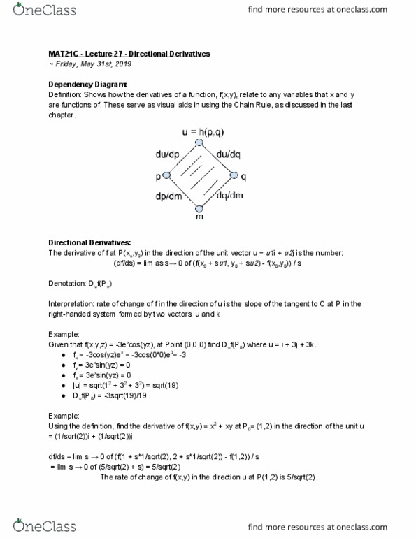 MAT 21C Lecture Notes - Lecture 27: Directional Derivative, Dependency Graph, Unit Vector cover image