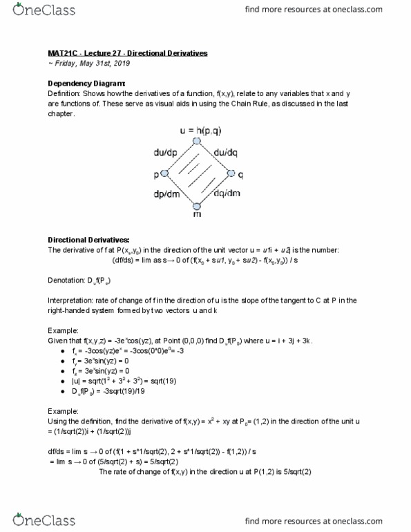 Mat 21c Lecture Notes Spring 19 Lecture 27 Directional Derivative Dependency Graph Unit Vector