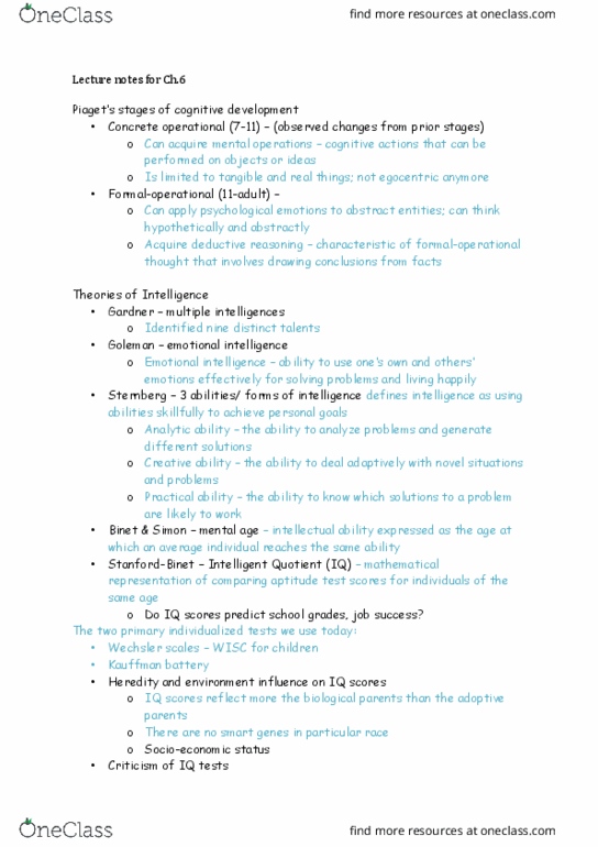 PSYCH-200 Lecture Notes - Lecture 6: Theory Of Multiple Intelligences, Socioeconomic Status, Deductive Reasoning thumbnail