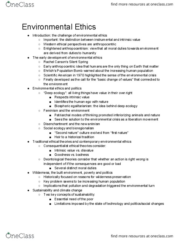 ENSP 102 Chapter Notes - Chapter Book 2 Chapter 1: Environmental Ethics, Deep Ecology, Anthropocentrism thumbnail