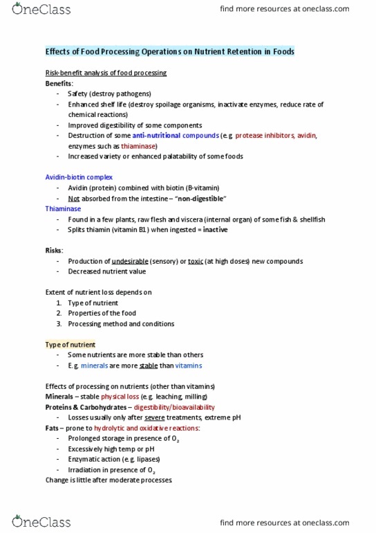 FNH 200 Lecture Notes - Lecture 11: Thiaminase, Avidin, Antinutrient thumbnail