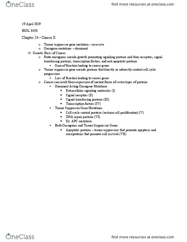 BIOL 3450 Lecture Notes - Lecture 37: Tumor Suppressor Gene, Apoptosis, Oncogene thumbnail