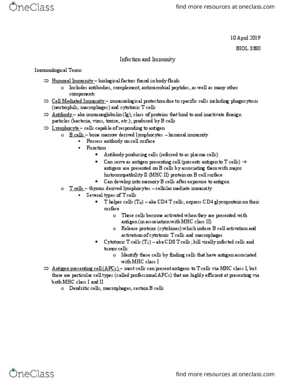 BIOL 3380 Chapter Notes - Chapter 4: Antigen-Presenting Cell, Cytotoxic T Cell, Mhc Class I thumbnail