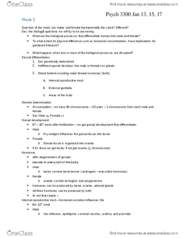 PSYC 3300 Lecture Notes - Lecture 2: H-Y Antigen, Seminal Vesicle, Hypermasculinity thumbnail