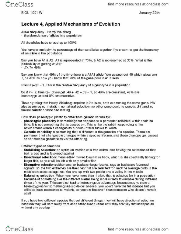 BIOL 1001 Lecture Notes - Lecture 4: January 30, Allele Frequency, Phenotypic Plasticity thumbnail