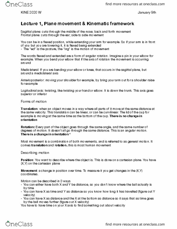 KINE 3030 Lecture Notes - Lecture 1: Cartesian Coordinate System, Sagittal Plane, Rigid Body thumbnail