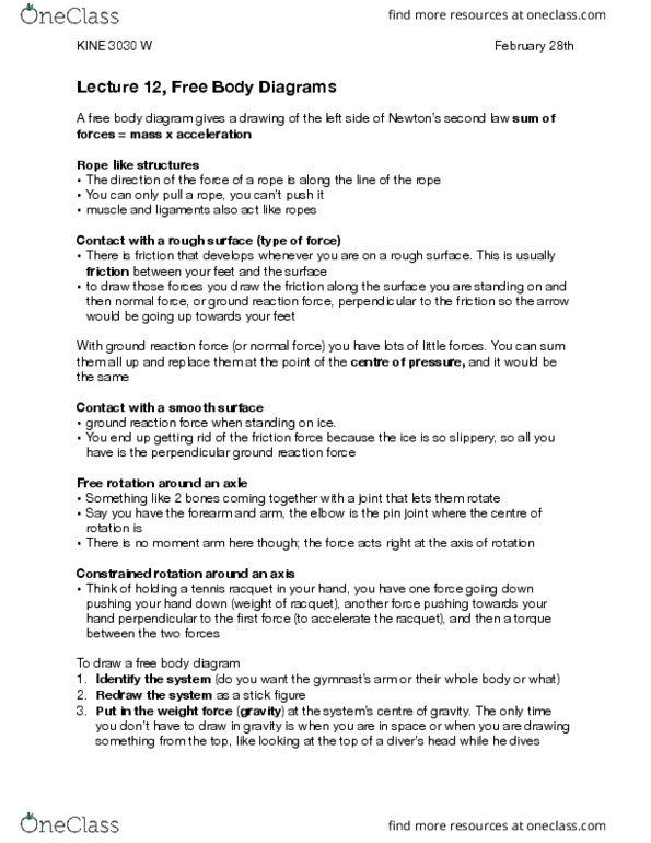 KINE 3030 Lecture Notes - Lecture 12: Ground Reaction Force, Free Body Diagram, Handstand thumbnail