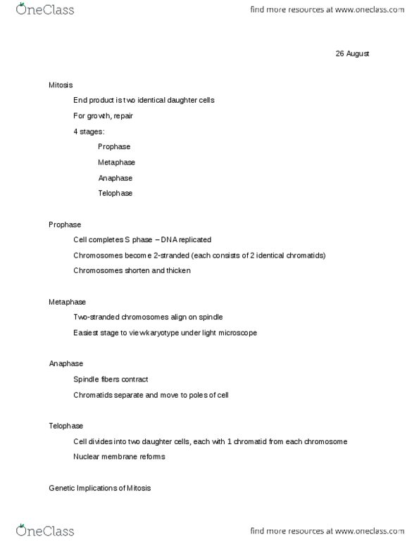 SOCR 330 Lecture Notes - Zygote, Cytokinesis, Telophase thumbnail