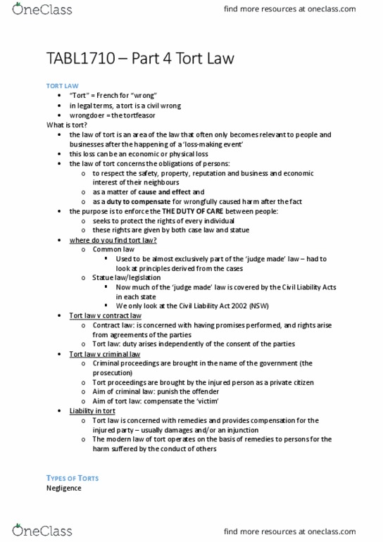 TABL1710 Lecture Notes - Lecture 4: Tort, Ginger Beer, Contributory Negligence thumbnail