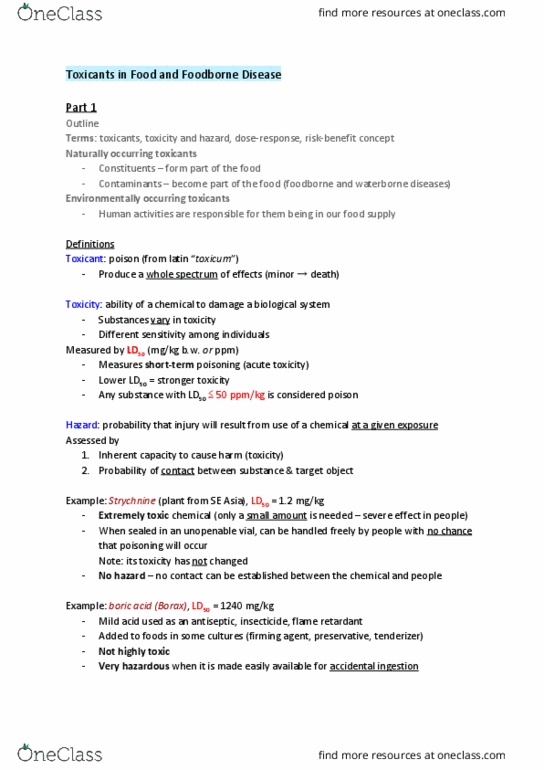 FNH 200 Lecture Notes - Lecture 12: Flame Retardant, Median Lethal Dose, Waterborne Diseases thumbnail