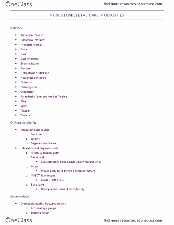 NUR 324 Lecture Notes - Lecture 2: Complete Blood Count, Heterotopic Ossification, Avascular Necrosis thumbnail