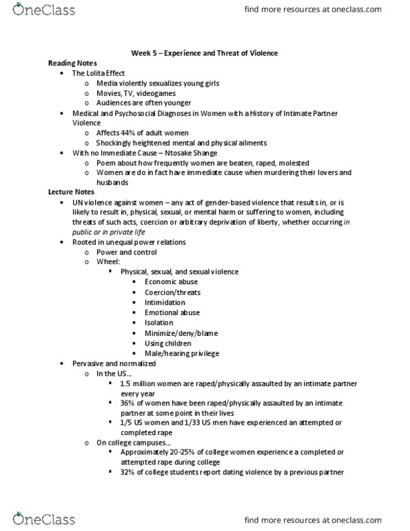 WOMENSTD 220 Lecture Notes - Lecture 5: Intimate Partner Violence, Dating Abuse, Psychological Abuse thumbnail