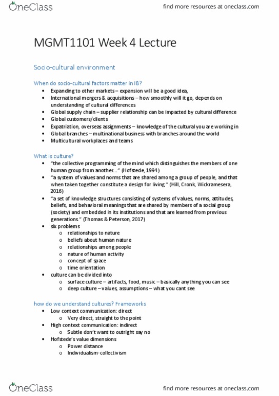 MGMT1101 Lecture Notes - Lecture 4: Mergers And Acquisitions, Supplier Relationship Management, Masculinity thumbnail