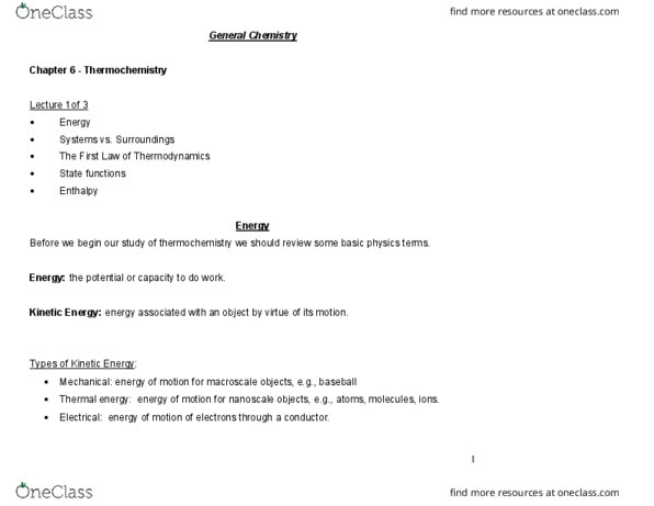 CHY 103 Lecture Notes - Lecture 6: Thermochemistry, Thermal Energy, Thermodynamics thumbnail