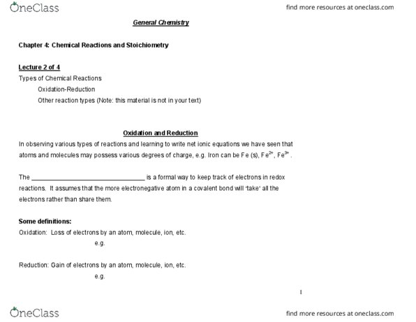 CHY 103 Lecture Notes - Lecture 4: Redox, Covalent Bond, Stoichiometry thumbnail