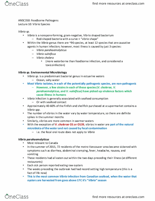 ANSC 350 Lecture Notes - Lecture 10: Vibrio Parahaemolyticus, Foodborne Illness, Vibrio thumbnail