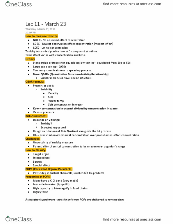 BIOL 342 Lecture Notes - Lecture 11: No-Observed-Adverse-Effect Level, Biomagnification, Vapor Pressure thumbnail