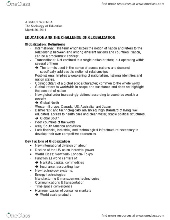 SOCI 3630 Lecture Notes - Glocalization, Economic Integration, High Standard Manufacturing Company thumbnail