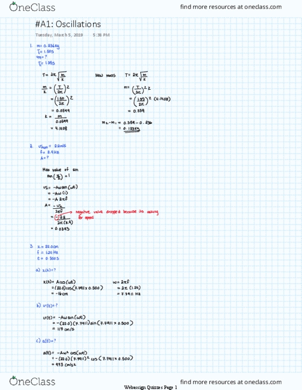 Physics 1029A/B Chapter Assignment: Physics 1029A/B Chapter : A1 Oscillations Answers thumbnail