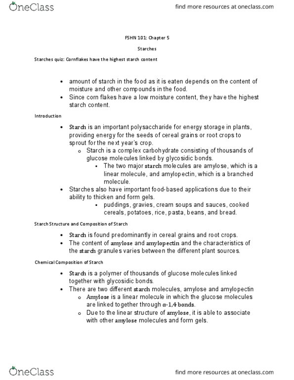 FS HN 101 Chapter Notes - Chapter 5: Starch, Corn Flakes, Amylose thumbnail