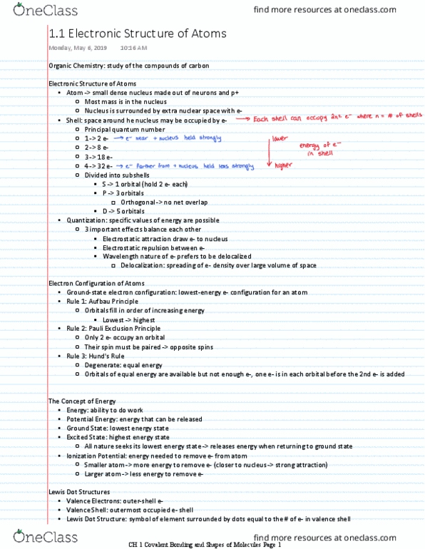 Chemistry 2213A/B Chapter Notes - Chapter 1.1: Lewis Structure, Pauli Exclusion Principle, Principal Quantum Number thumbnail